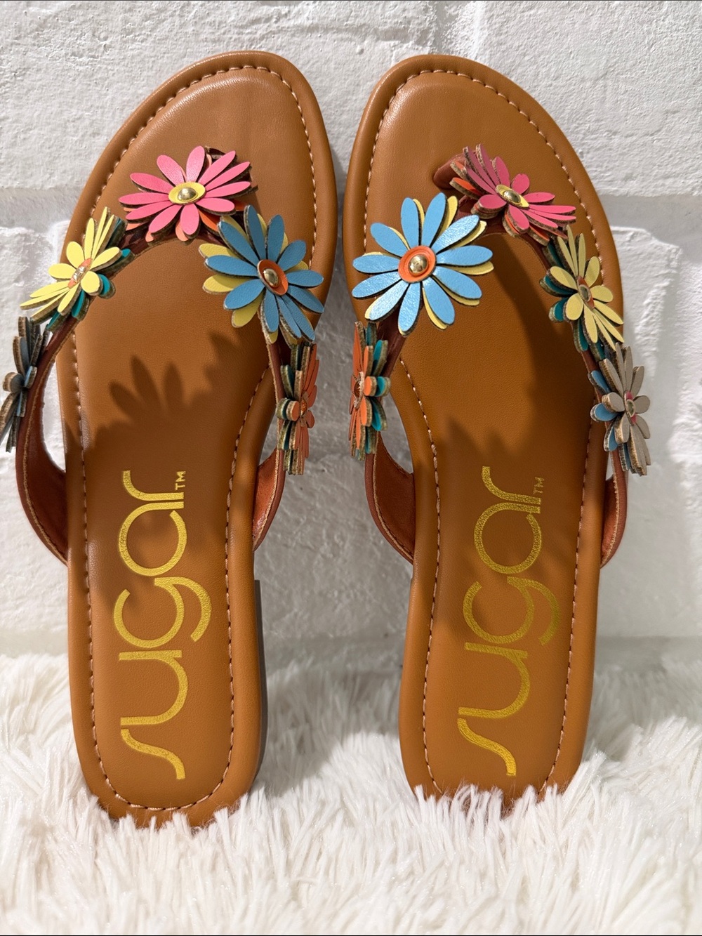 Sugar Brown Sandals with Multicolor Floral Appliqués